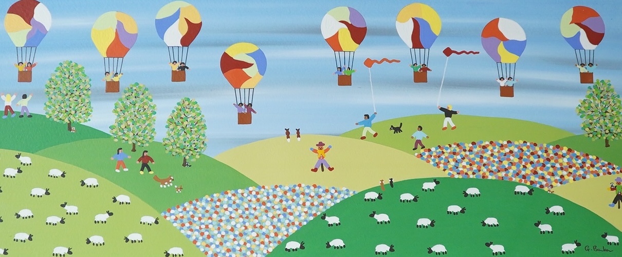 Gordon Barker (b.1960), acrylic on paper, ‘Balloons in the Countryside’, 22x52cm. Condition - good